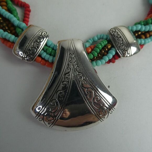 JJ Stamped Boho Multi Strand Beaded Necklace Southwestern Silver Tone Statement - Picture 2 of 9